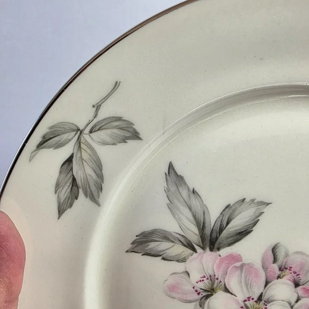 TWO Manor House Spring Glory Dinner Plates Pink & White Floral Gray Leaves